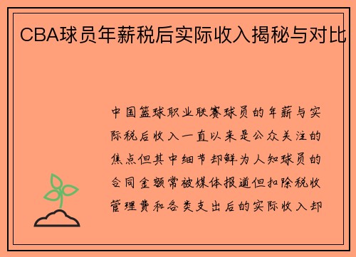CBA球员年薪税后实际收入揭秘与对比