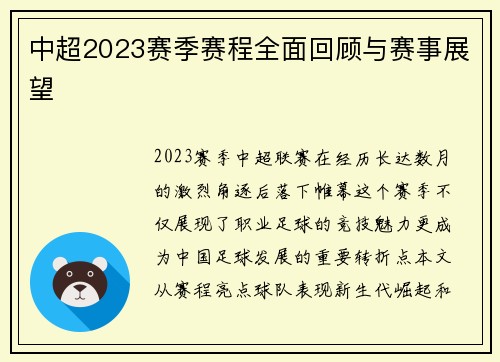 中超2023赛季赛程全面回顾与赛事展望